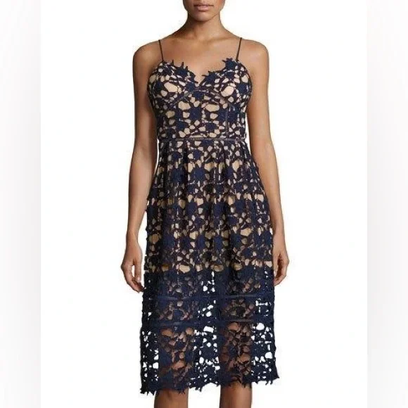 dina be | Dresses | Dina Be Womens Spaghetti Strap Lace Dress Size Xs Blue  With Beige Underlay | Poshmark